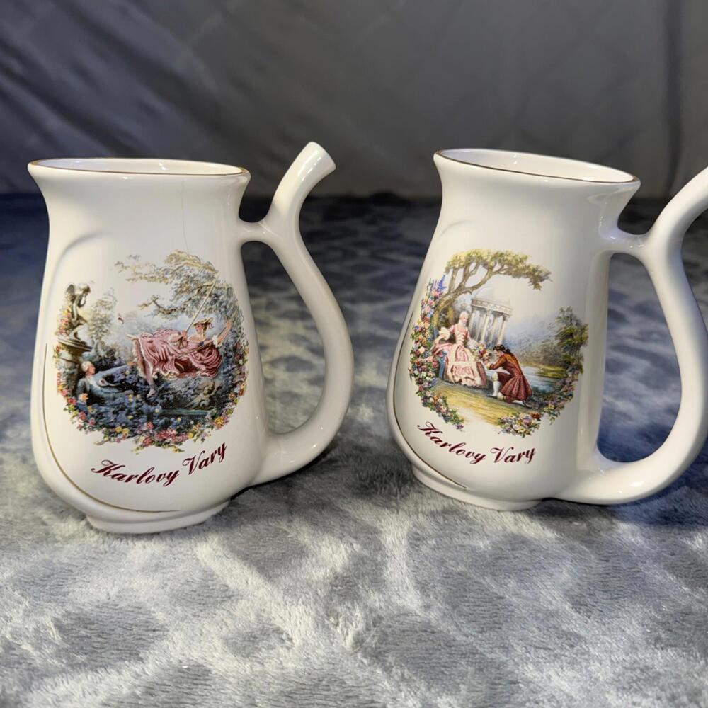 2 Vintage Karlovy Vary Gold Trim Porcelain Sip Spa Cups Czech Republic